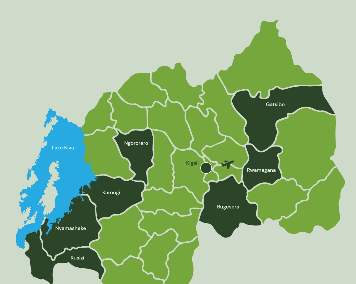 Map of Rwanda showing EFFECTIVE M&N sourcing districts